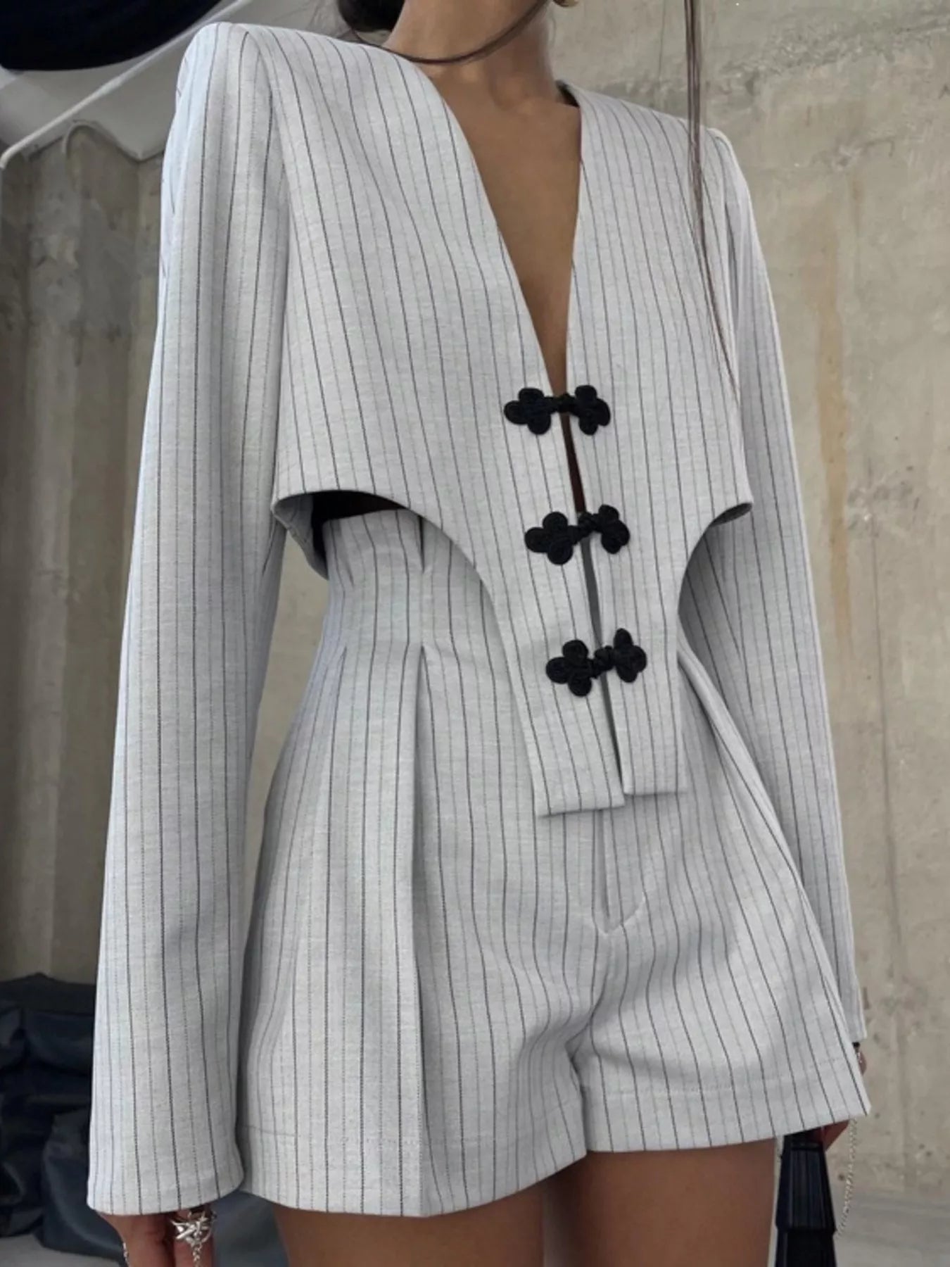 Pinstripe Cropped Blazer and Pleated Shorts Set