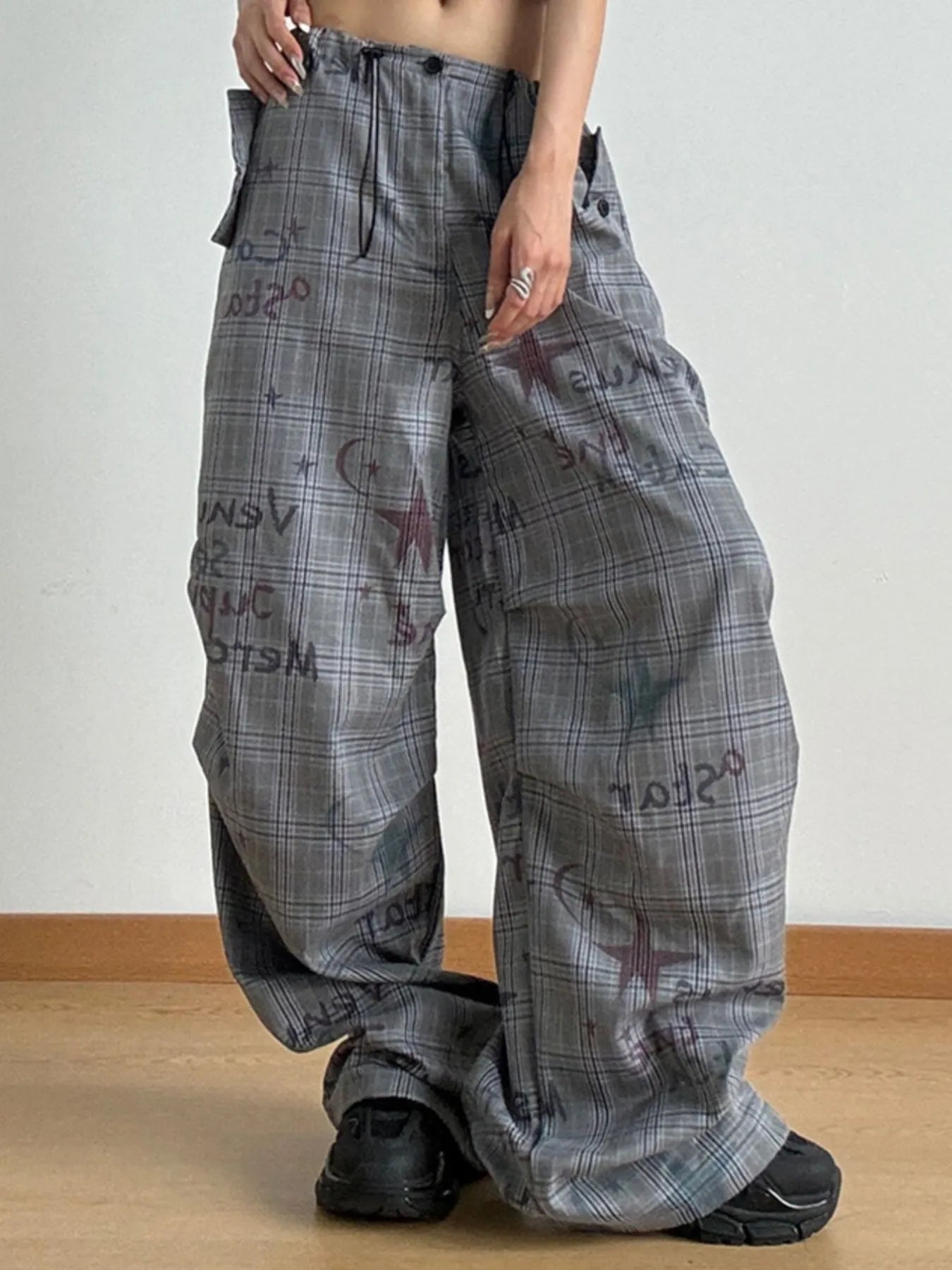 Drawstring Plaid Wide Leg Pants
