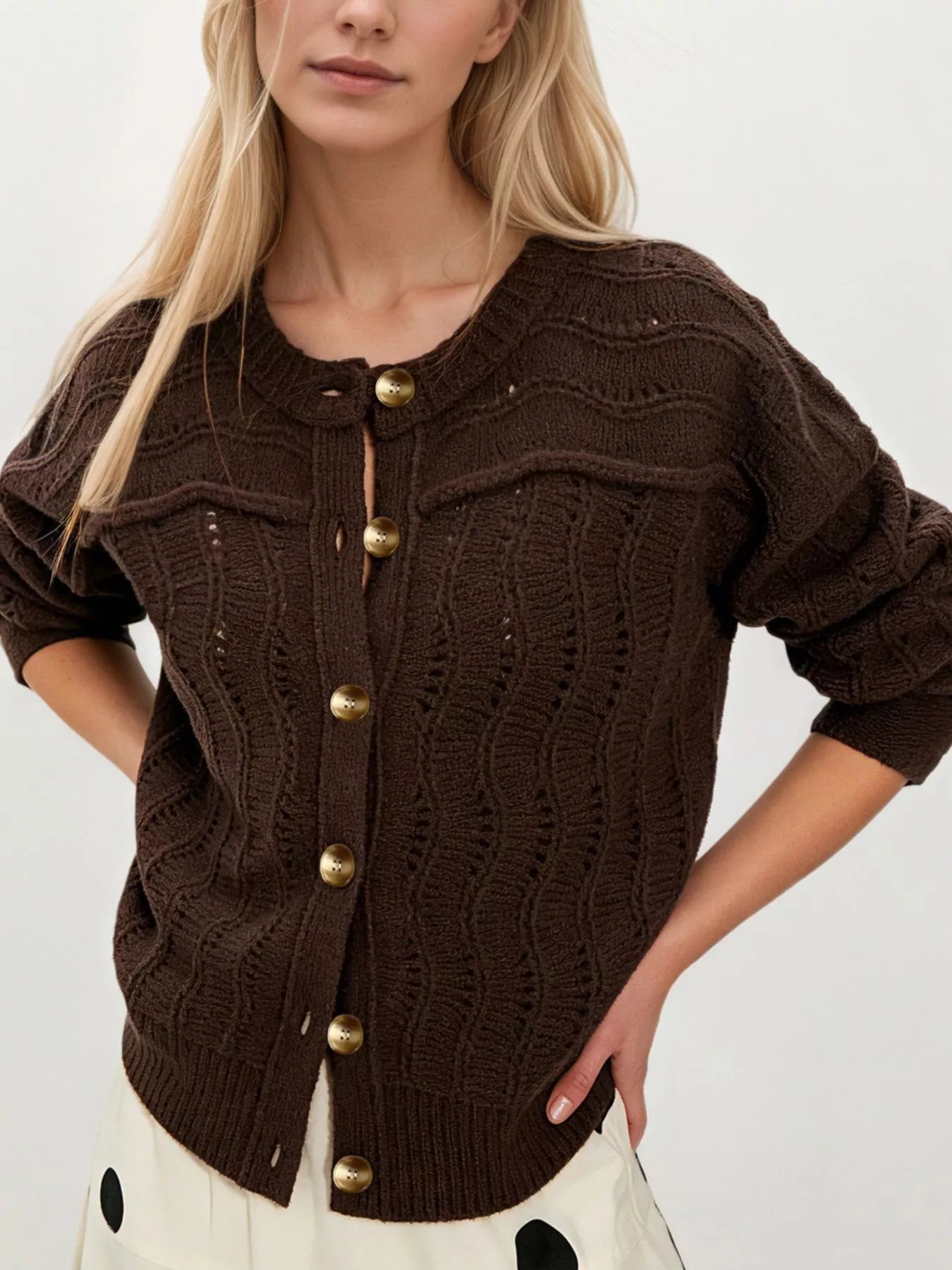 Openwork Button-Down Knit Cardigan