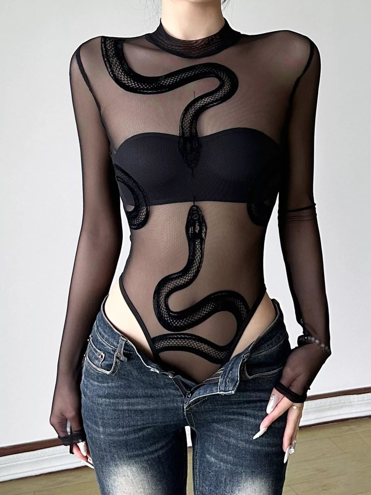 Sheer Mesh Snake Print Long Sleeve Bodysuit
