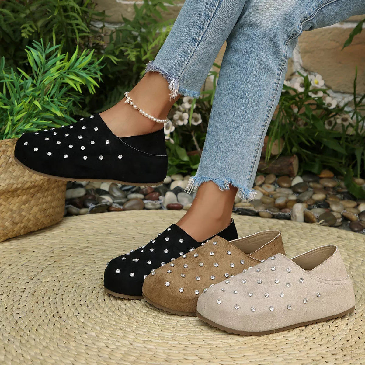 Rhinestone Round Toe Slip-Ons
