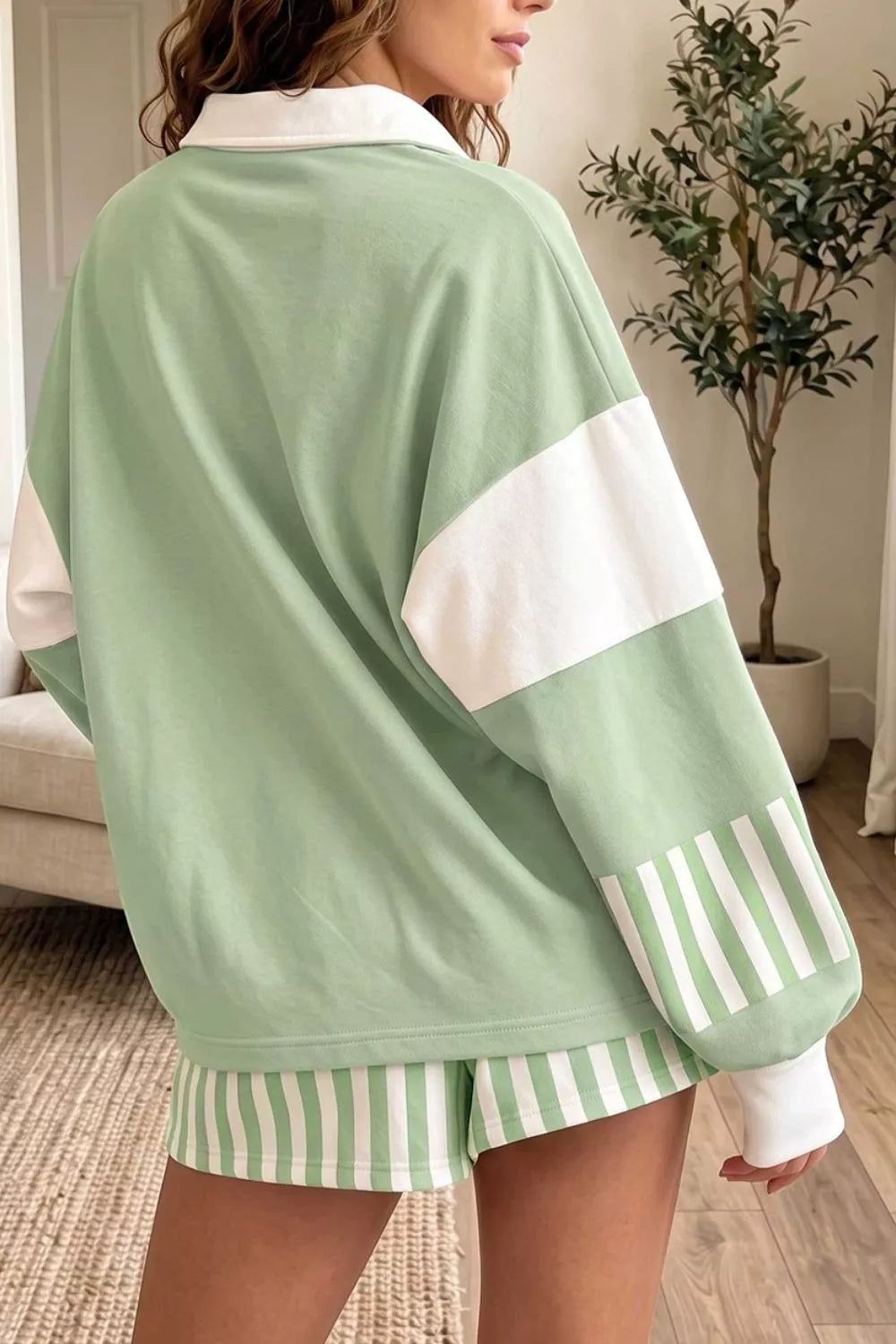 Striped Color Block Pullover Top Drawstring Shorts Set