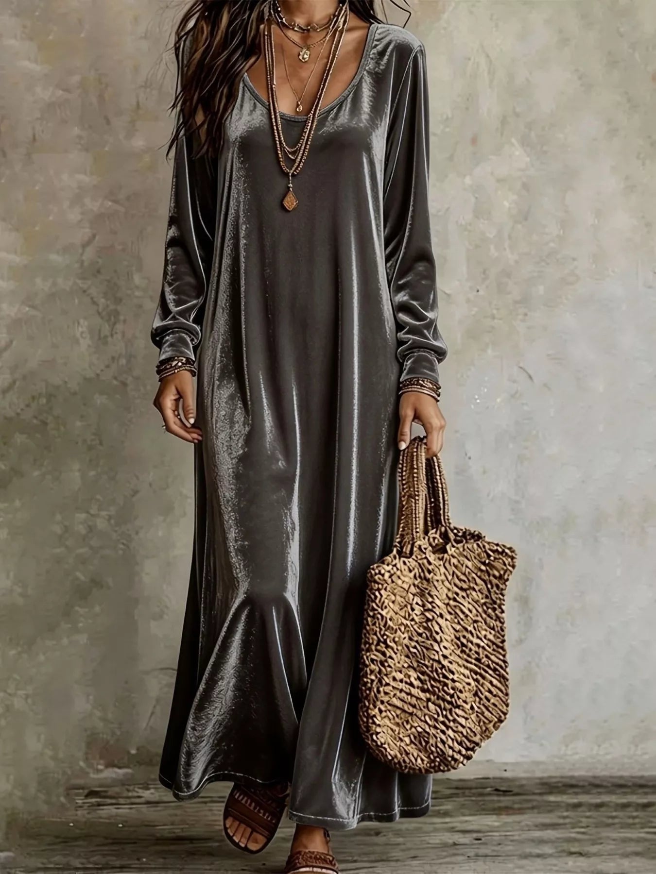Velvet Maxi Dress with Flowy Hem