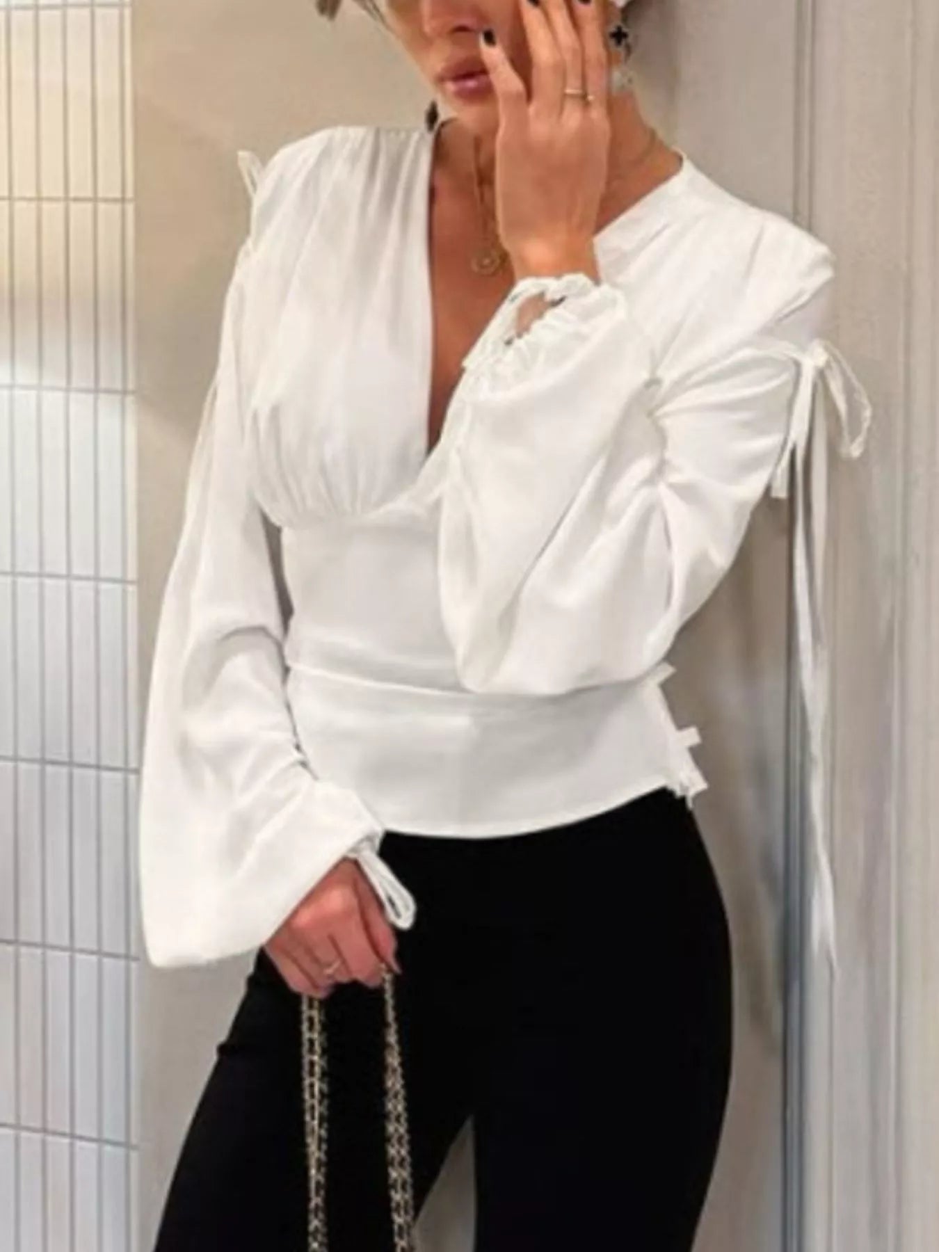 Tied V-Neck Balloon Sleeve Blouse