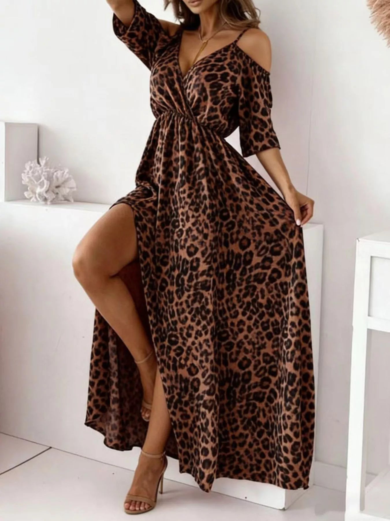 Slit Cold Shoulder Maxi Dress