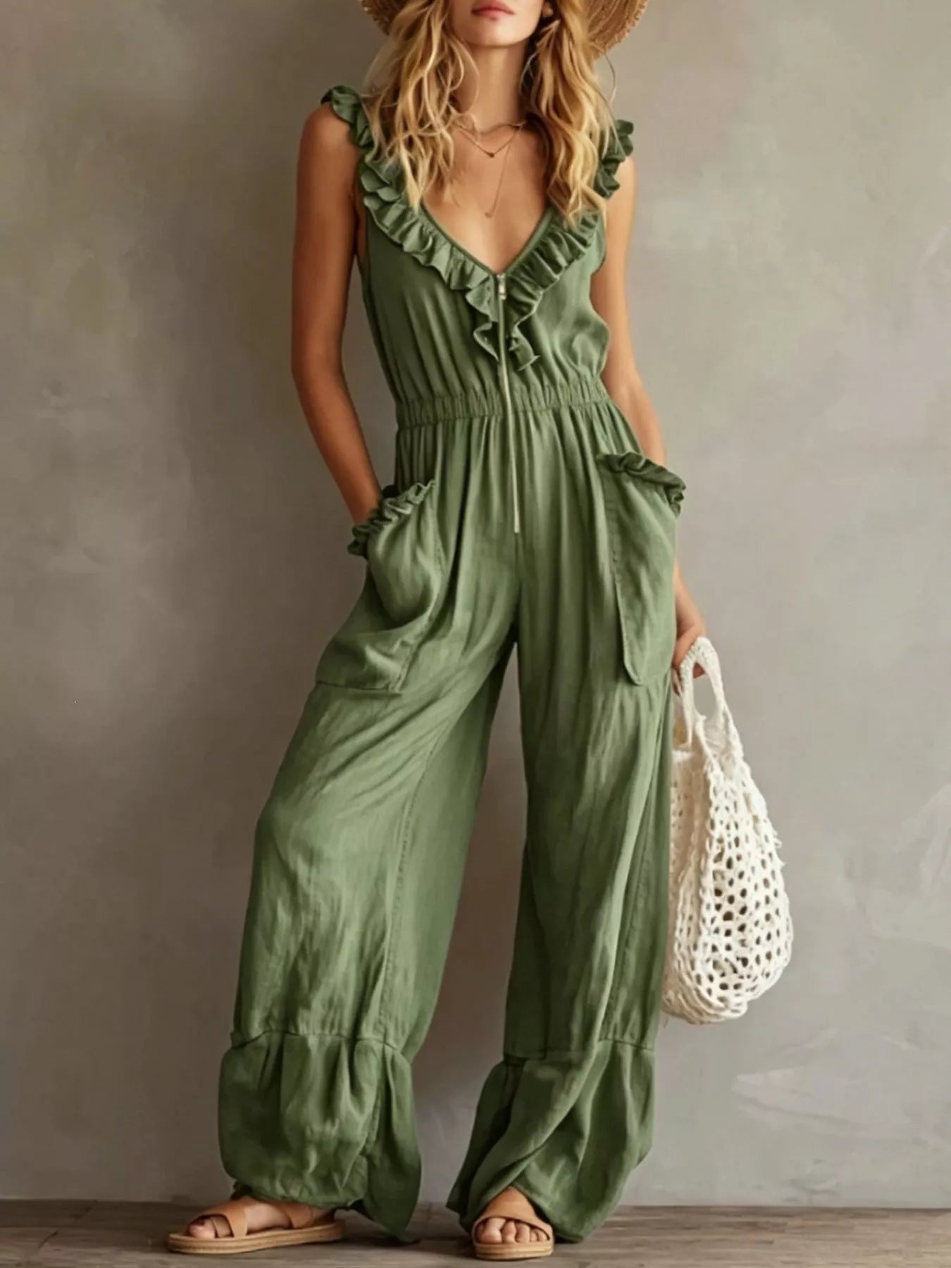 Ruffled V-Neck Wide Leg Jumpsuit