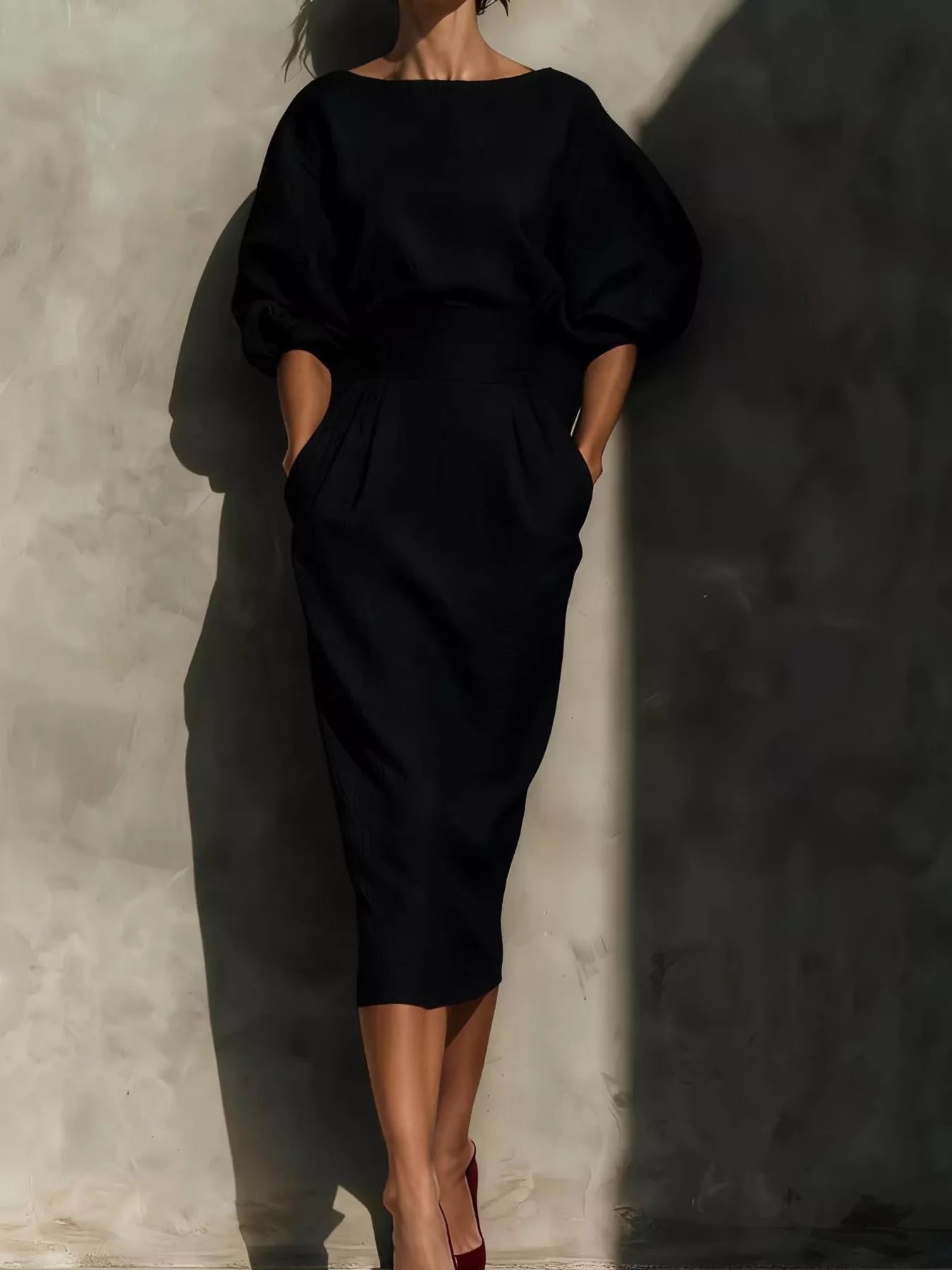 Full Size Round Neck Puff Sleeve Midi Dress Plus Size