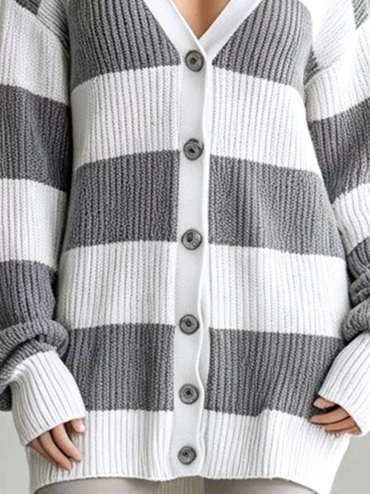 Striped V-Neck Button-Down Cardigan