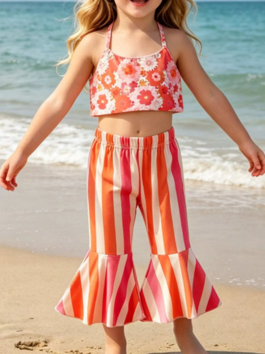 Children's Floral Print Crop Top and Striped Pants Set