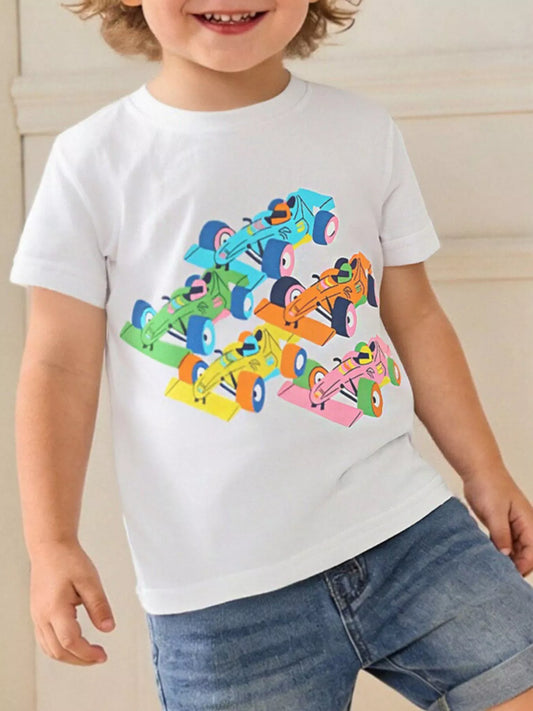 Children's Racing Car Graphic Round Neck T-Shirt