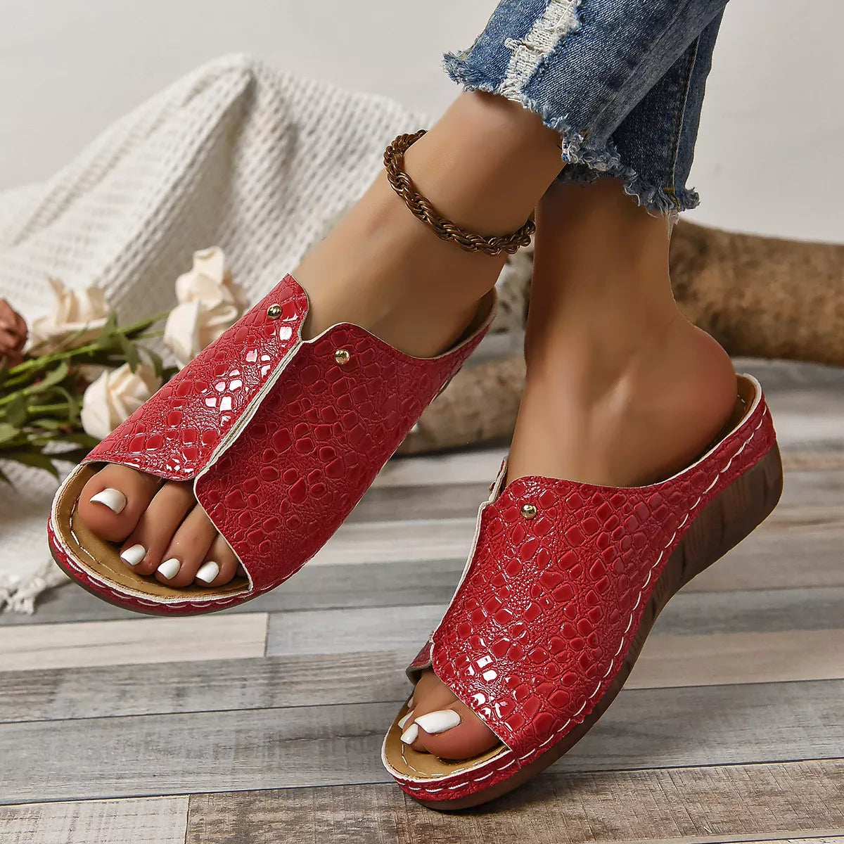 Crocodile-Embossed Wedge Sandals