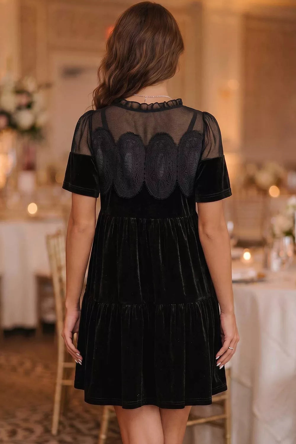 Embroidered Velvet Short Sleeve Mini Shift Dress