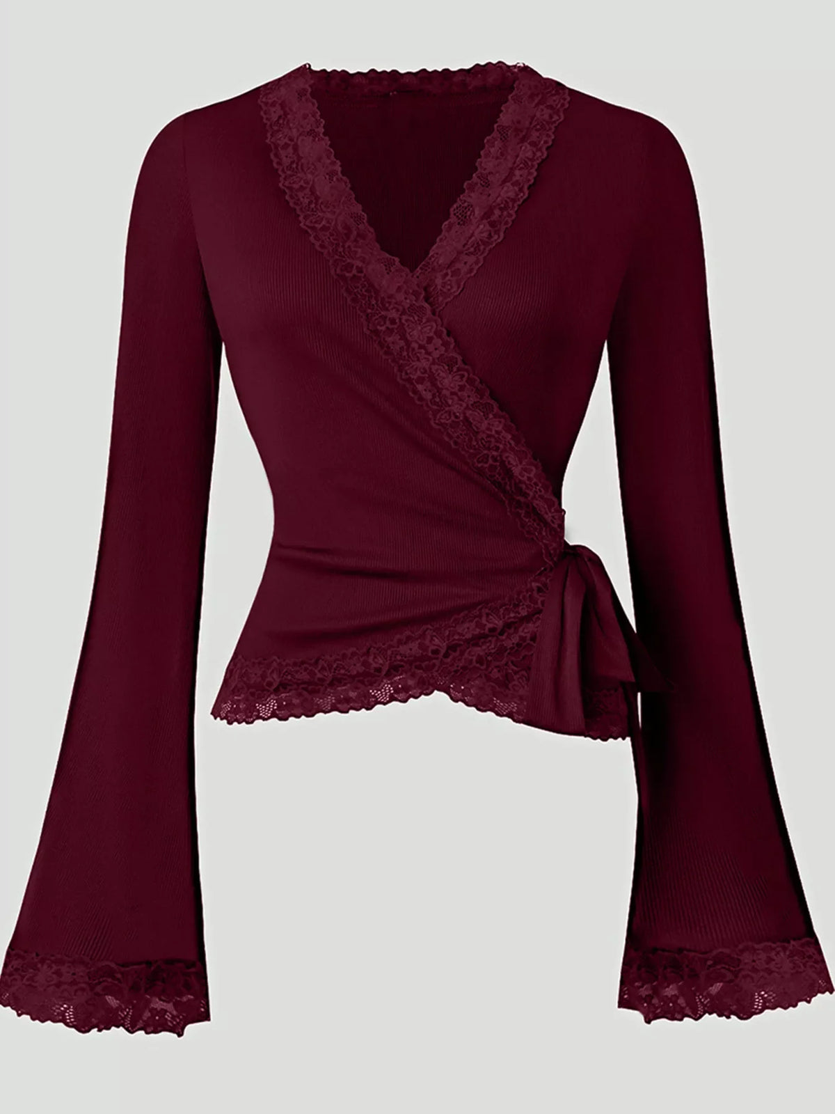 Lace Trim Flare Sleeve Blouse