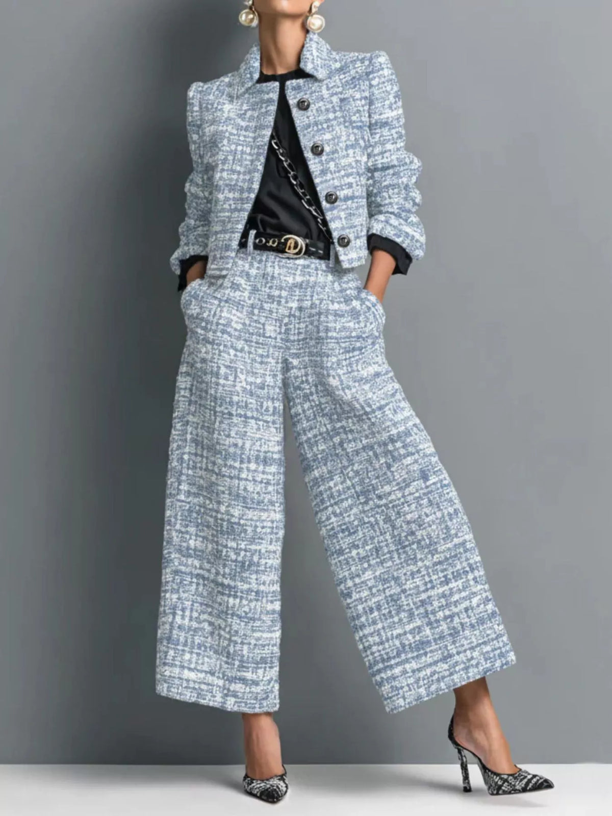 Full Size Tweed Cropped Jacket and Wide-Leg Pants Two-Piece Set Plus Size