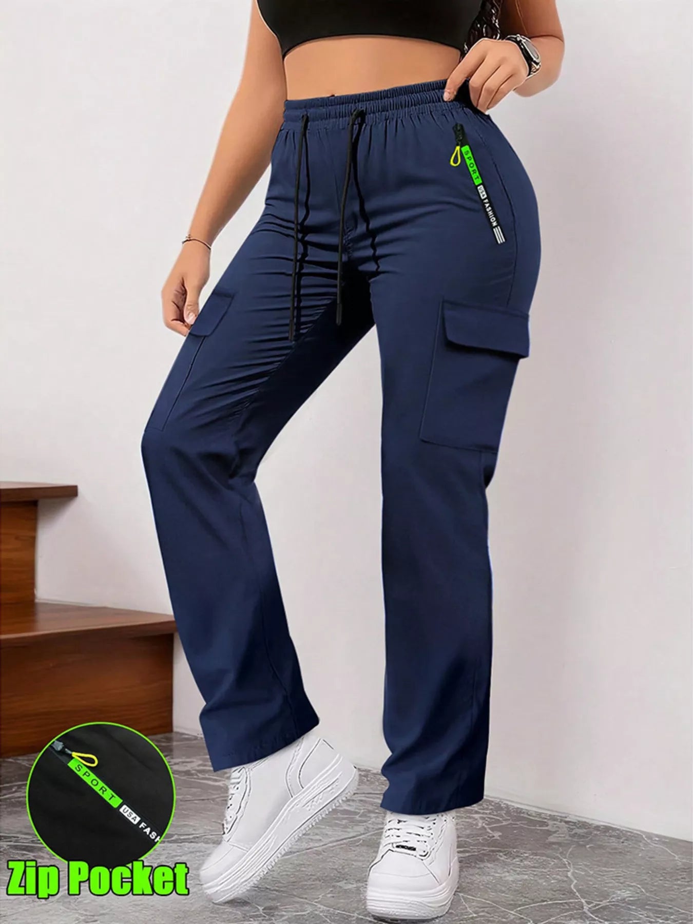 Full Size Drawstring Cargo Pants with Zip Pocket Plus Size
