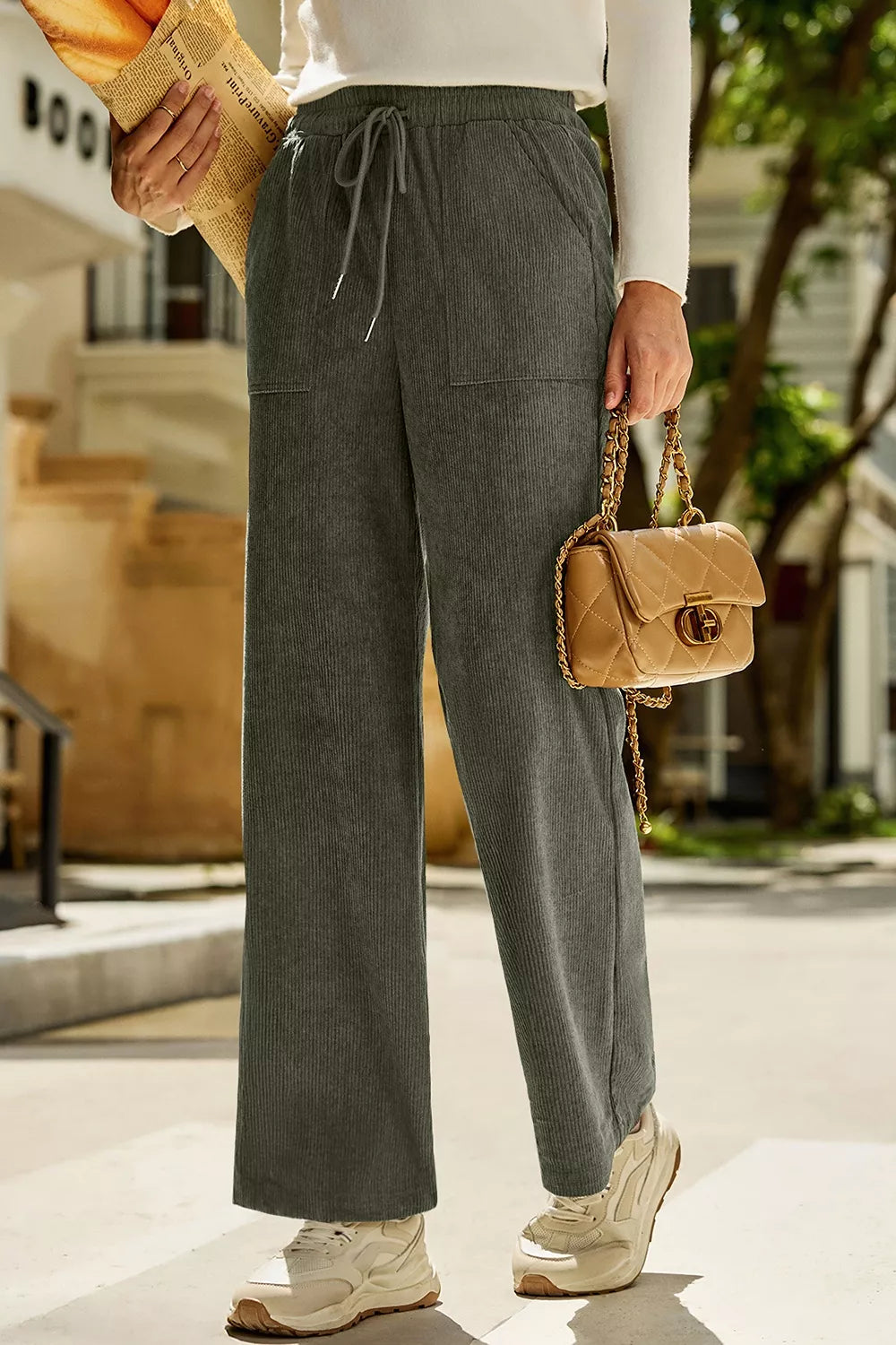 Drawstring Corduroy Wide Leg Pants