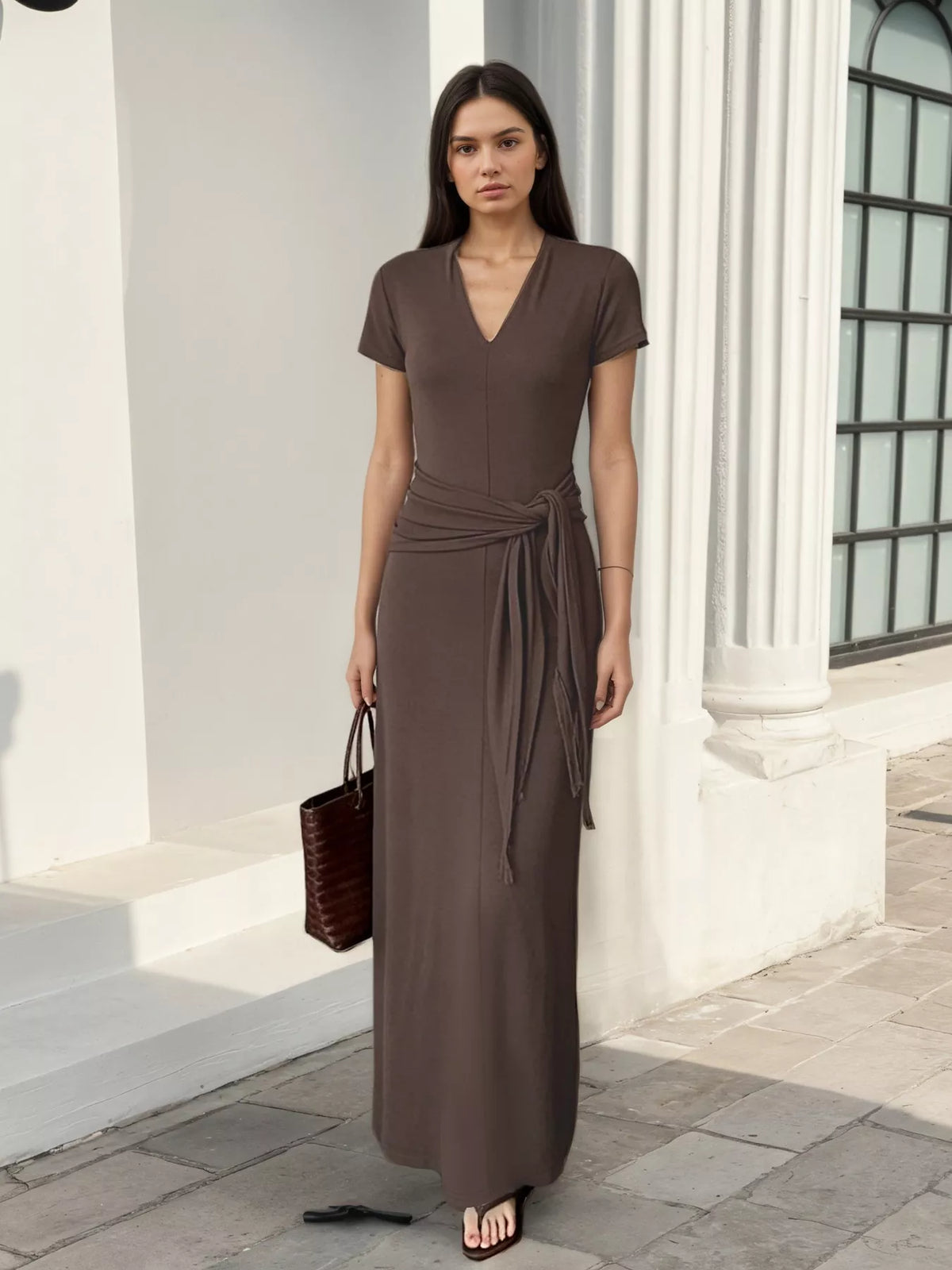 V-Neck Short Sleeve Maxi Dress with Waist-Tie Detail
