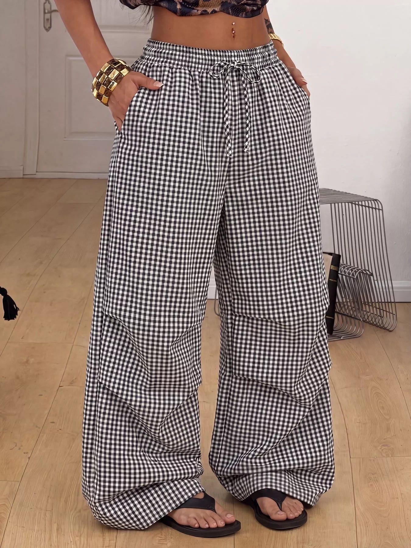High-Waisted Gingham Wide-Leg Drawstring Pants