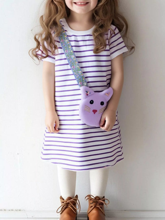 Children's Striped Casual Dress with Cat Bag