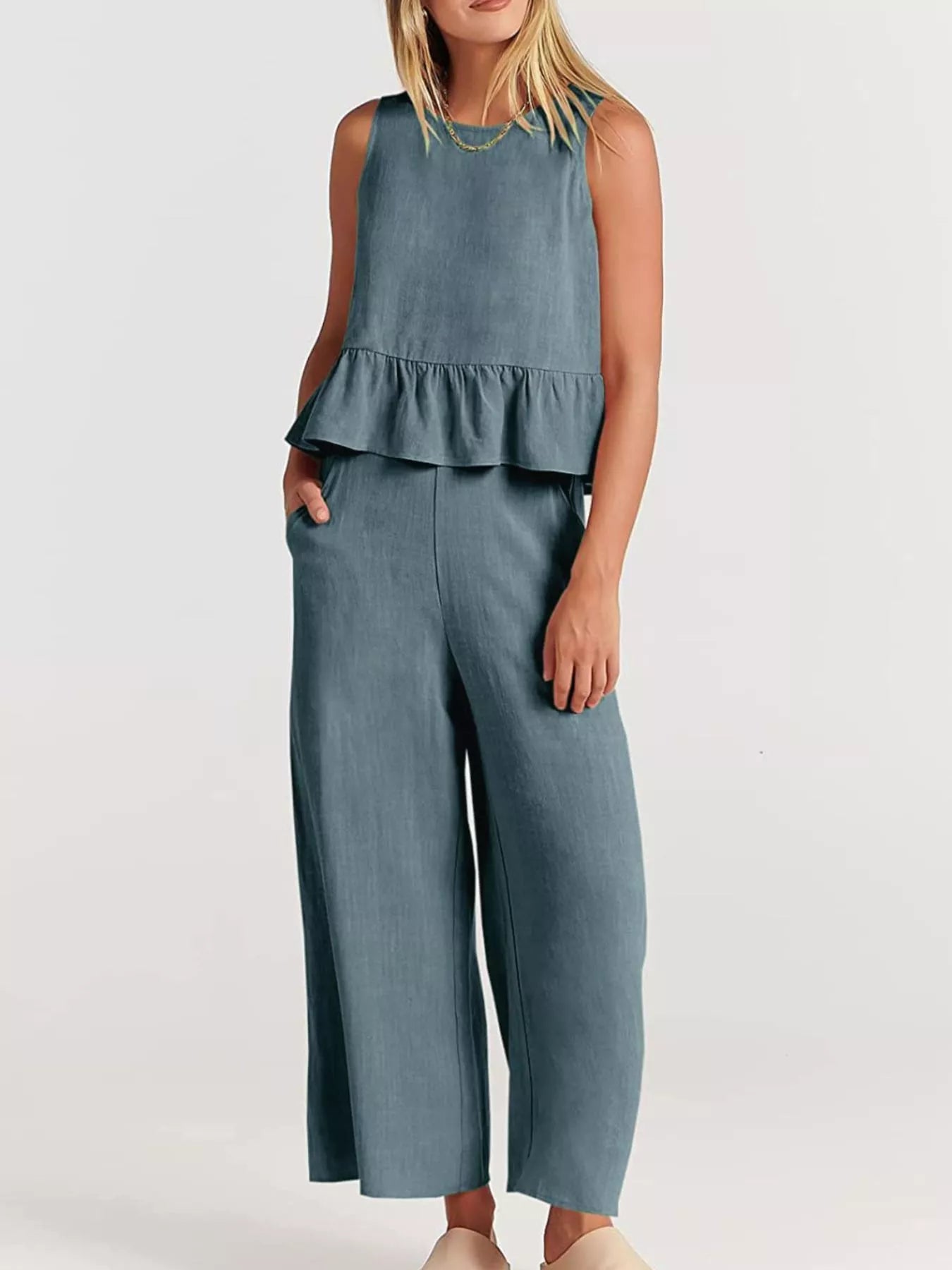 Full Size Ruffled Hem Sleeveless Top and Wide-Leg Pants Set Plus Size