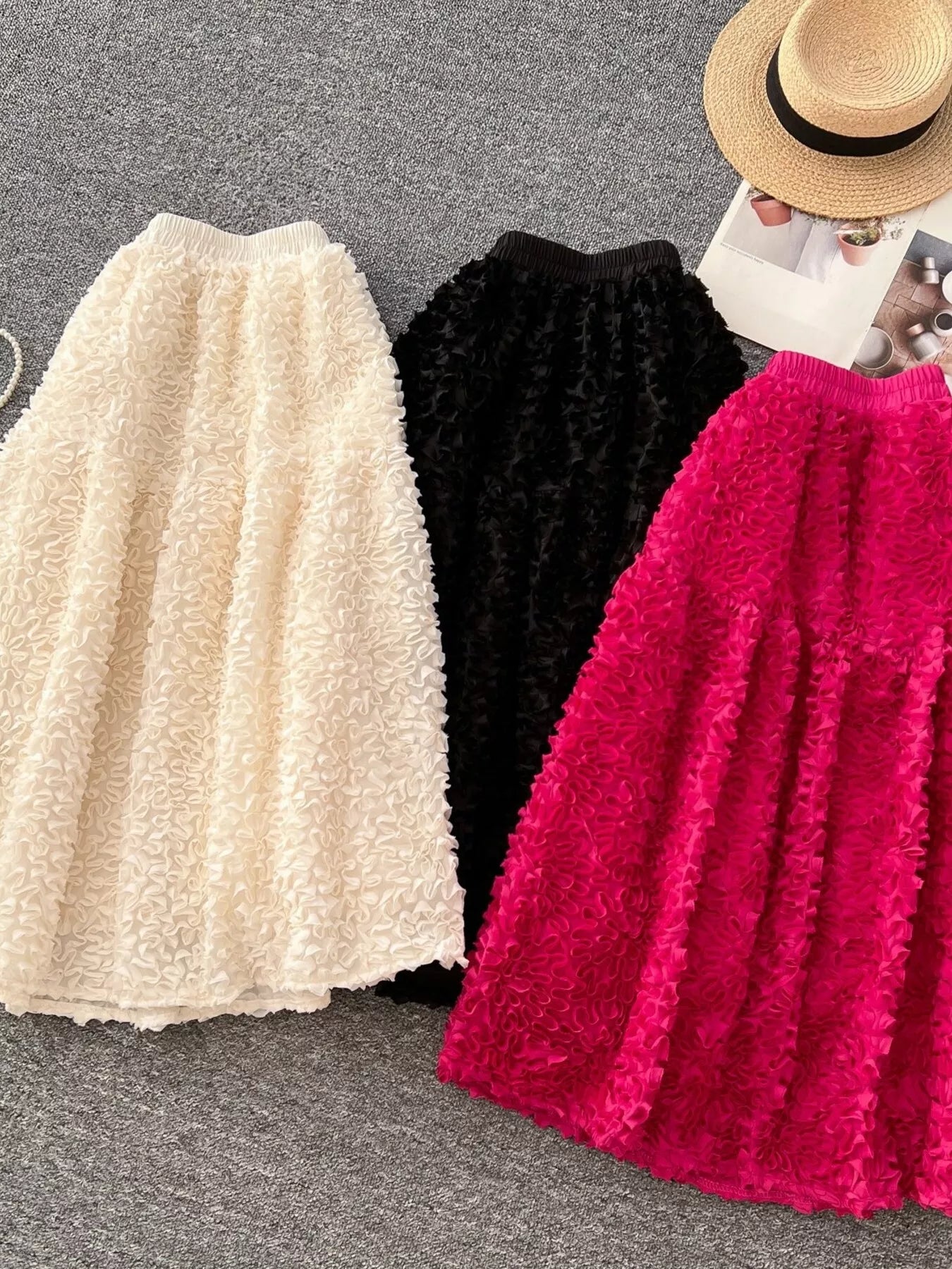 Elegant 3D Lace Trim High‑Waist A‑Line Midi Skirt