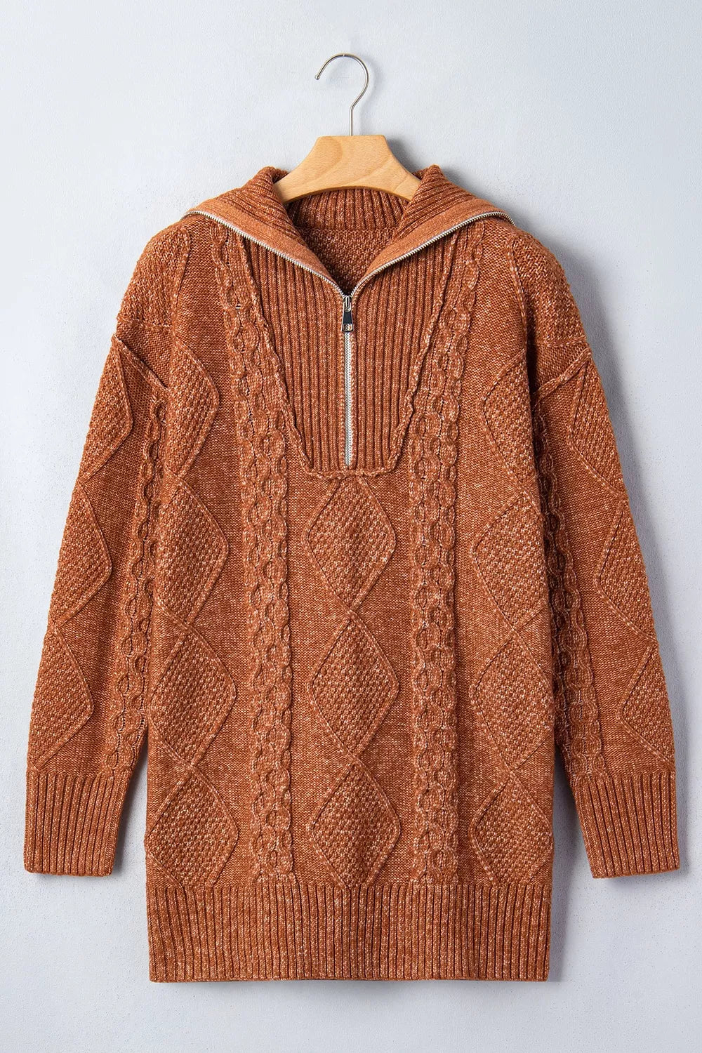 Zip-Up Cable Knit Drop Shoulder Sweater Dress