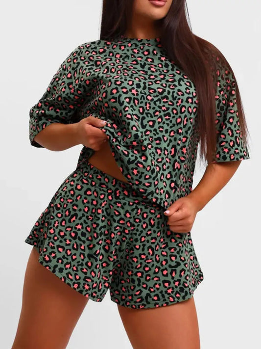 Leopard Print Relaxed Fit Tee and Shorts Lounge Set