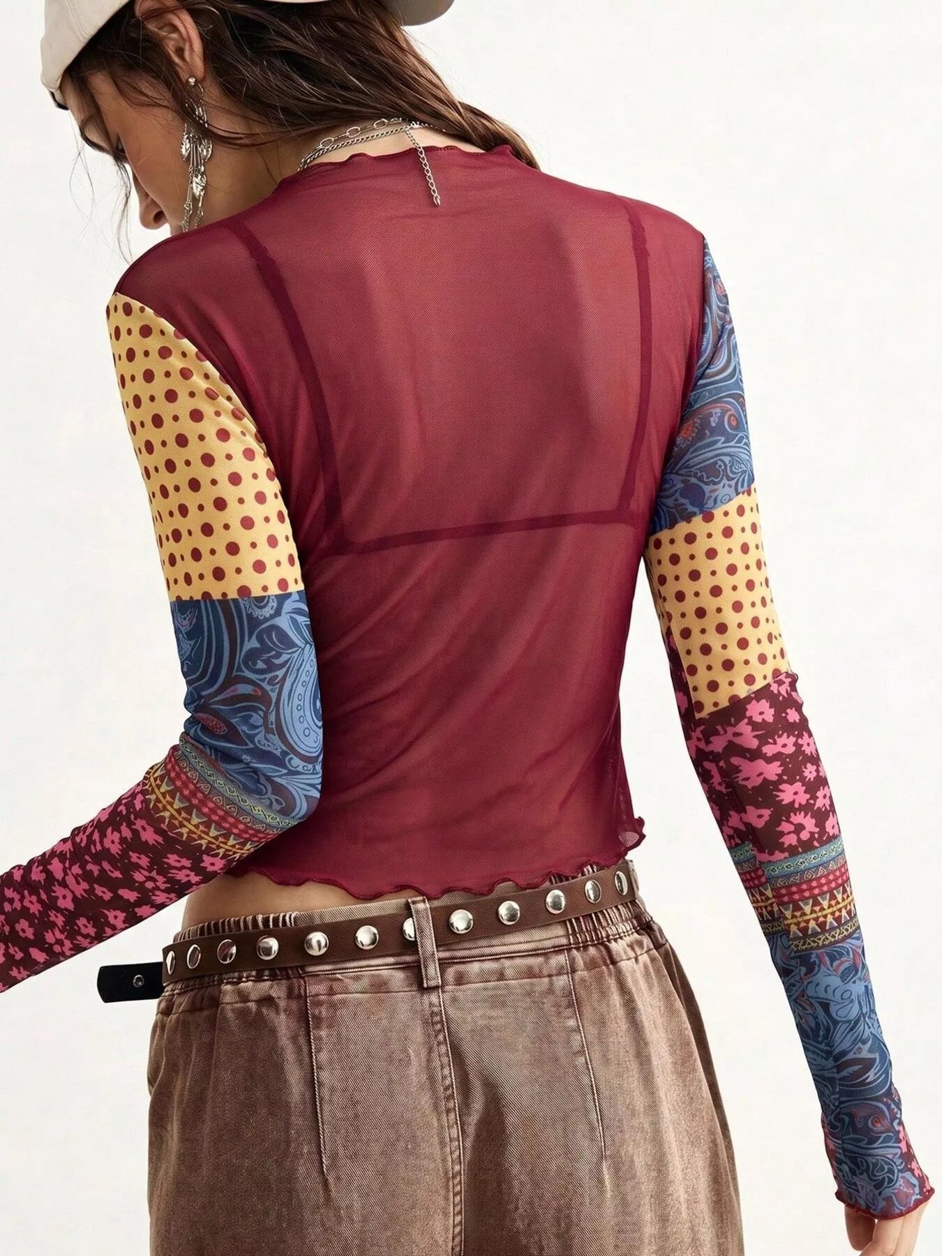 Floral Print Mesh Mock Neck Long Sleeve Top