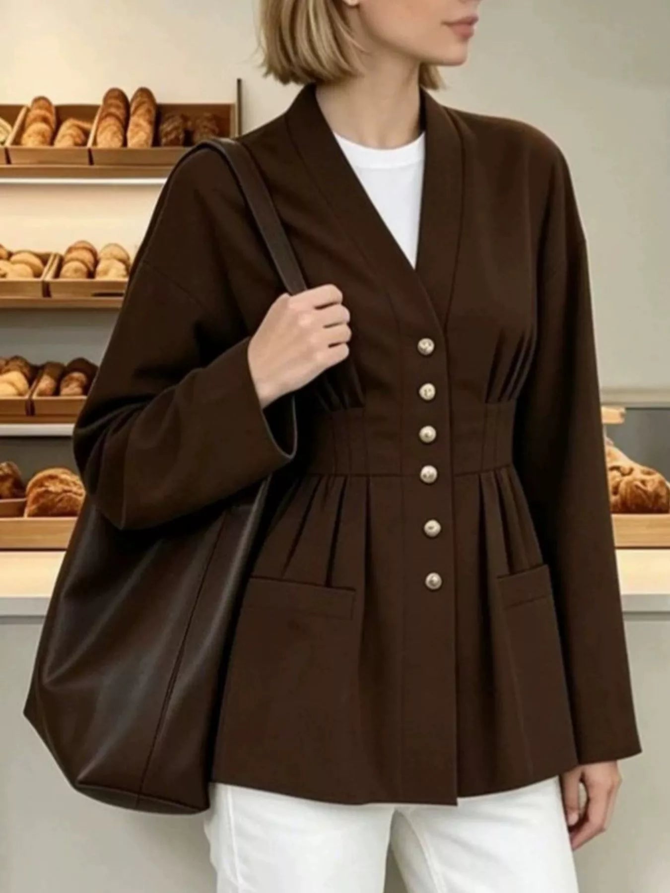 Pleated Waist Blouse with Button Detail