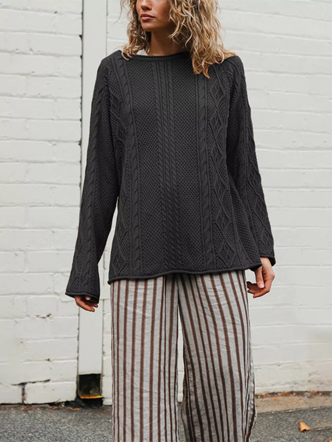 Crew Neck Cable-Knit Sweater