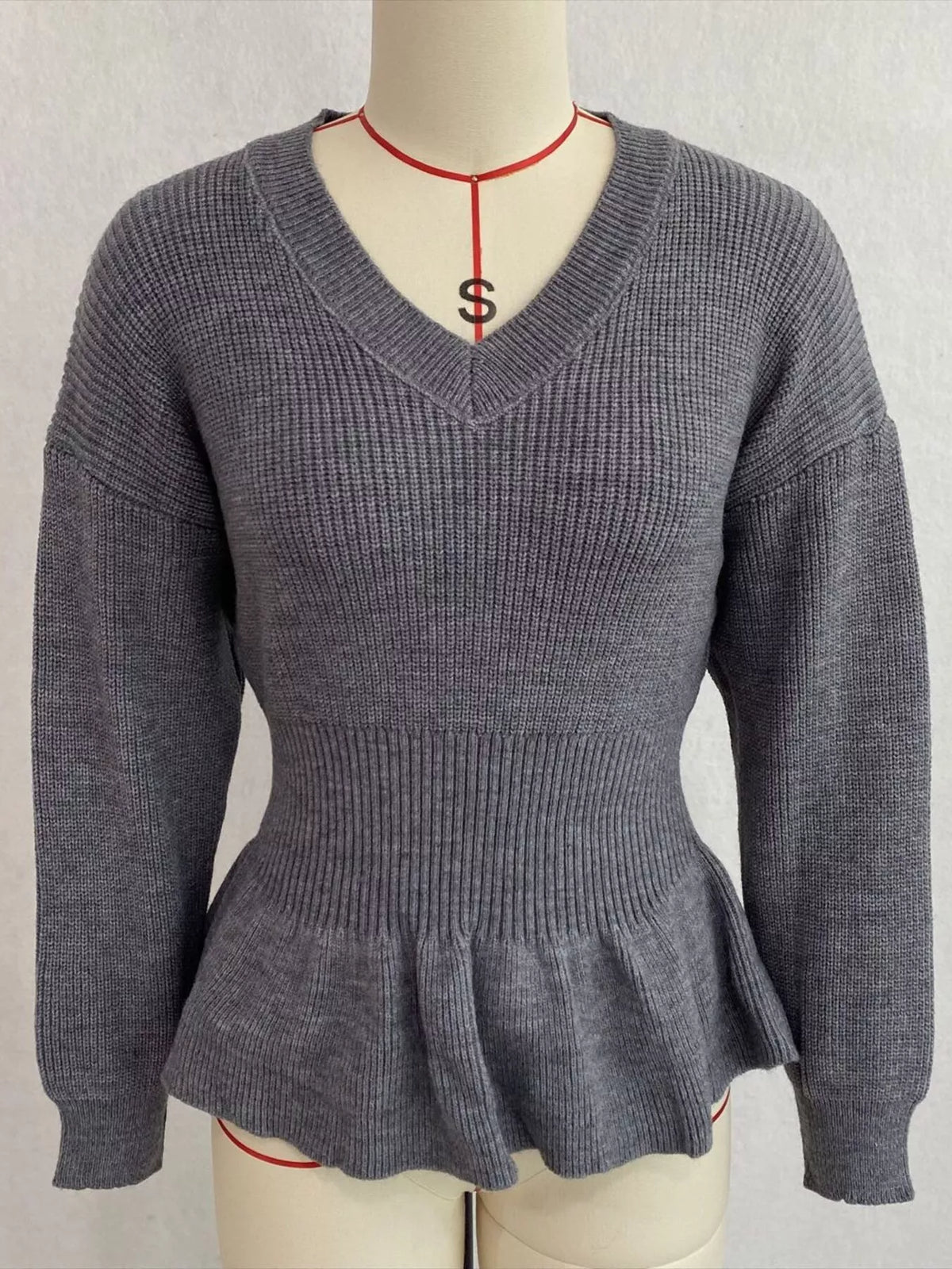 V-Neck Peplum Hem Ribbed Knit Top
