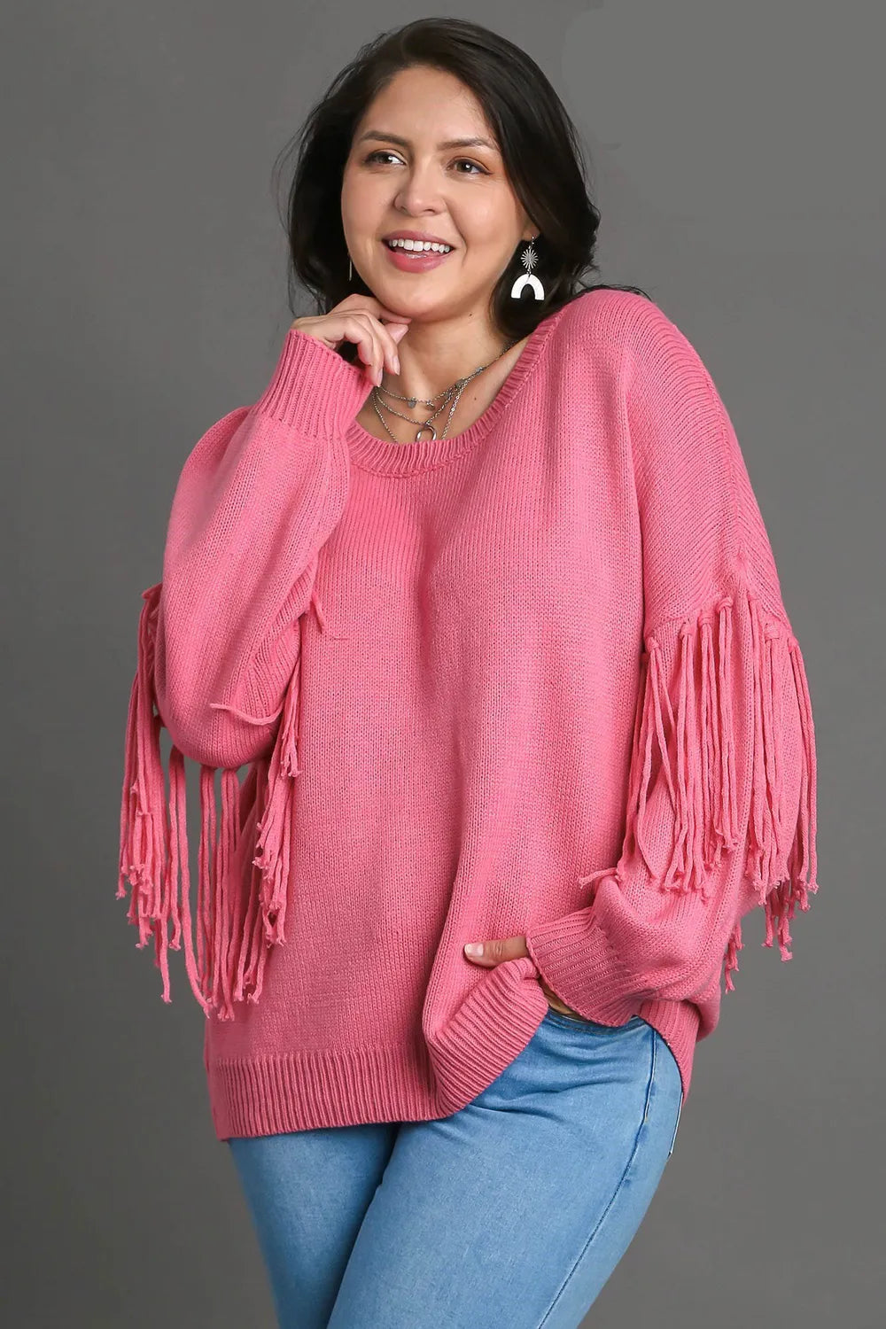Umgee Full Size Fringe Round Neck Long Sleeve Sweater Plus Size