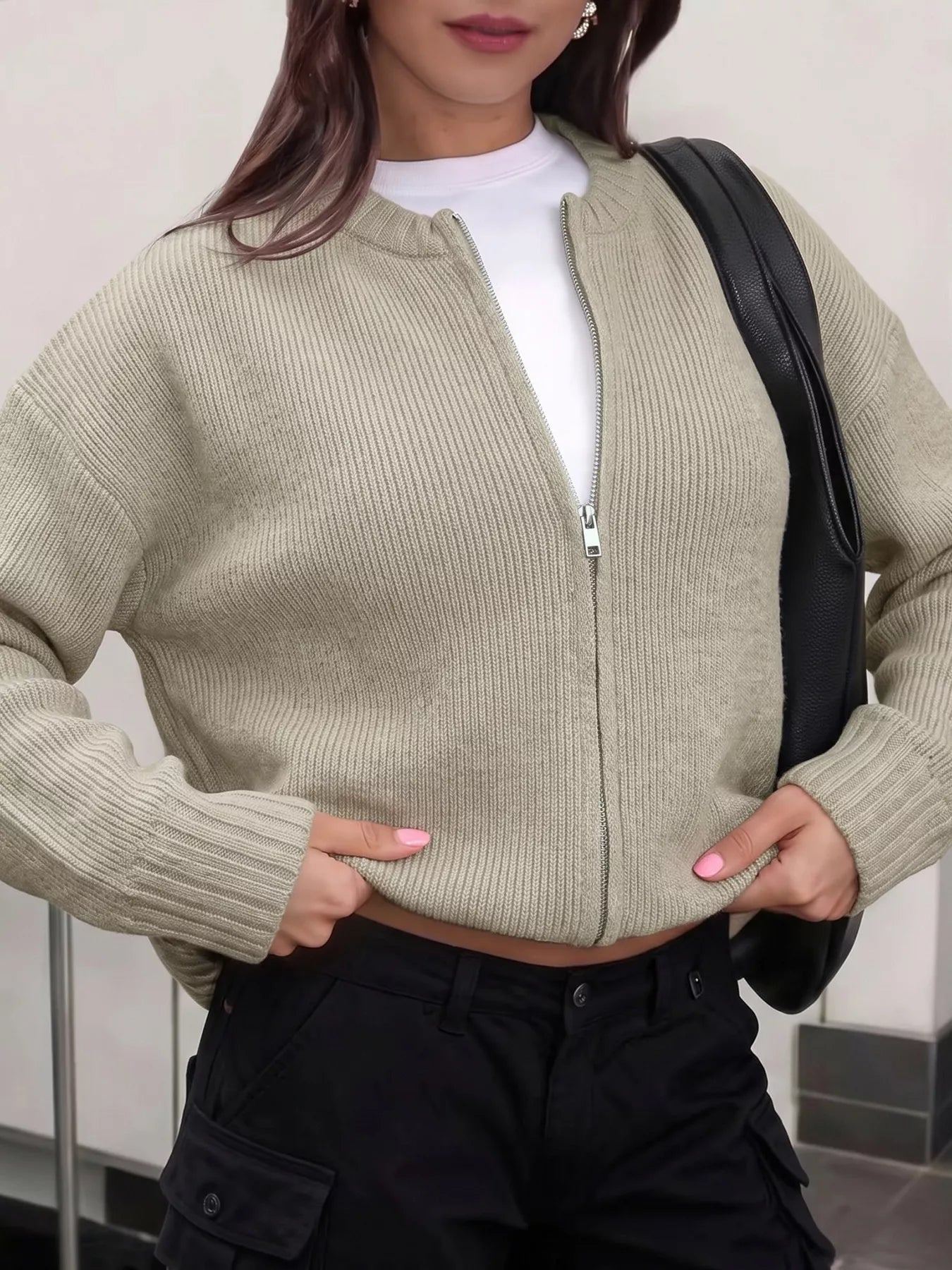 Zip-Up Dropped Shoulder Cardigan