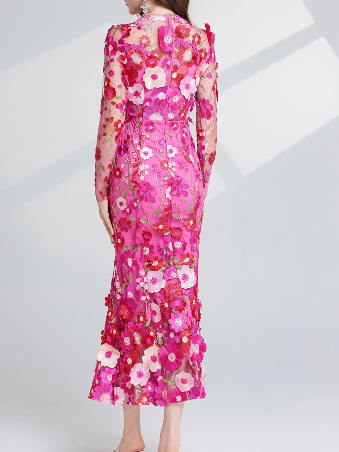 Floral Embroidered Mesh Long Sleeve Midi Dress