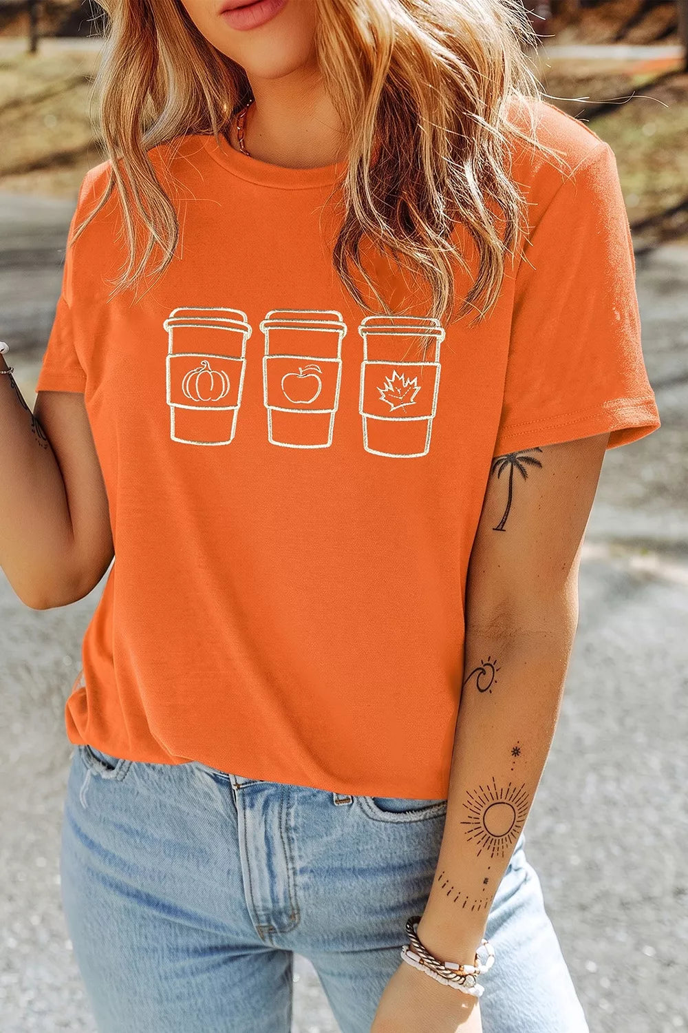 Embroidered Fall Drinks Round Neck Tee