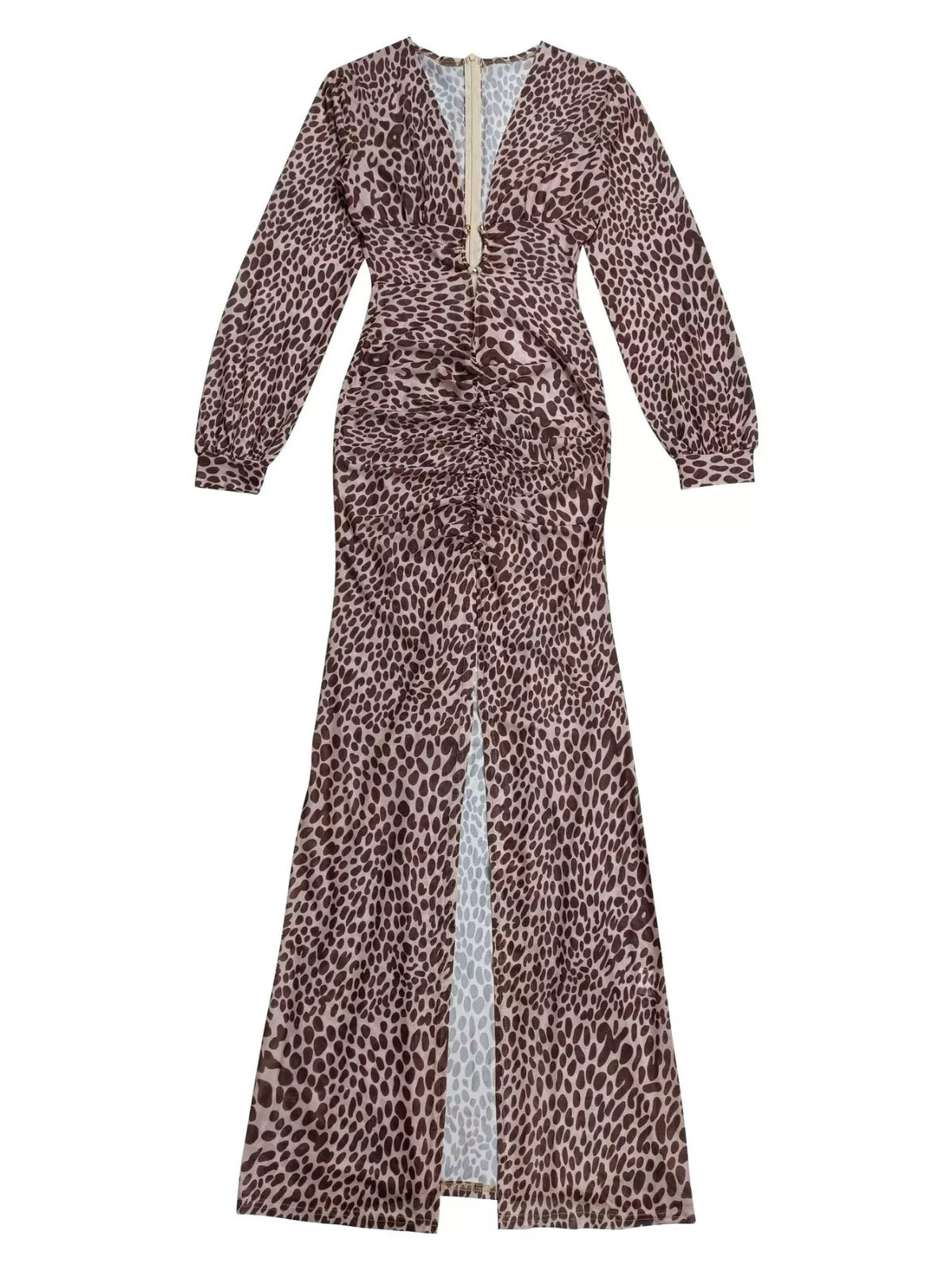 Leopard Print Deep V-Neck Long Sleeve High Slit Maxi Dress