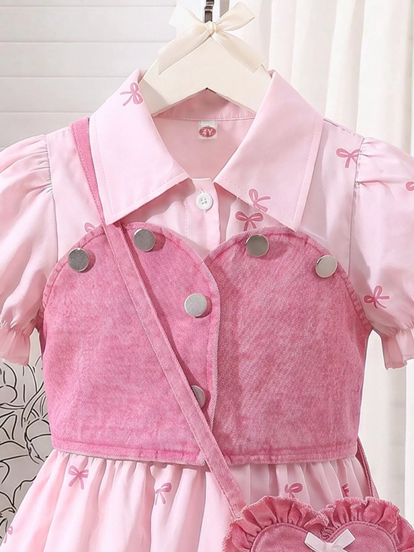 Children's Bow Print Puff Sleeve Dress and Vest Set with Heart Bag