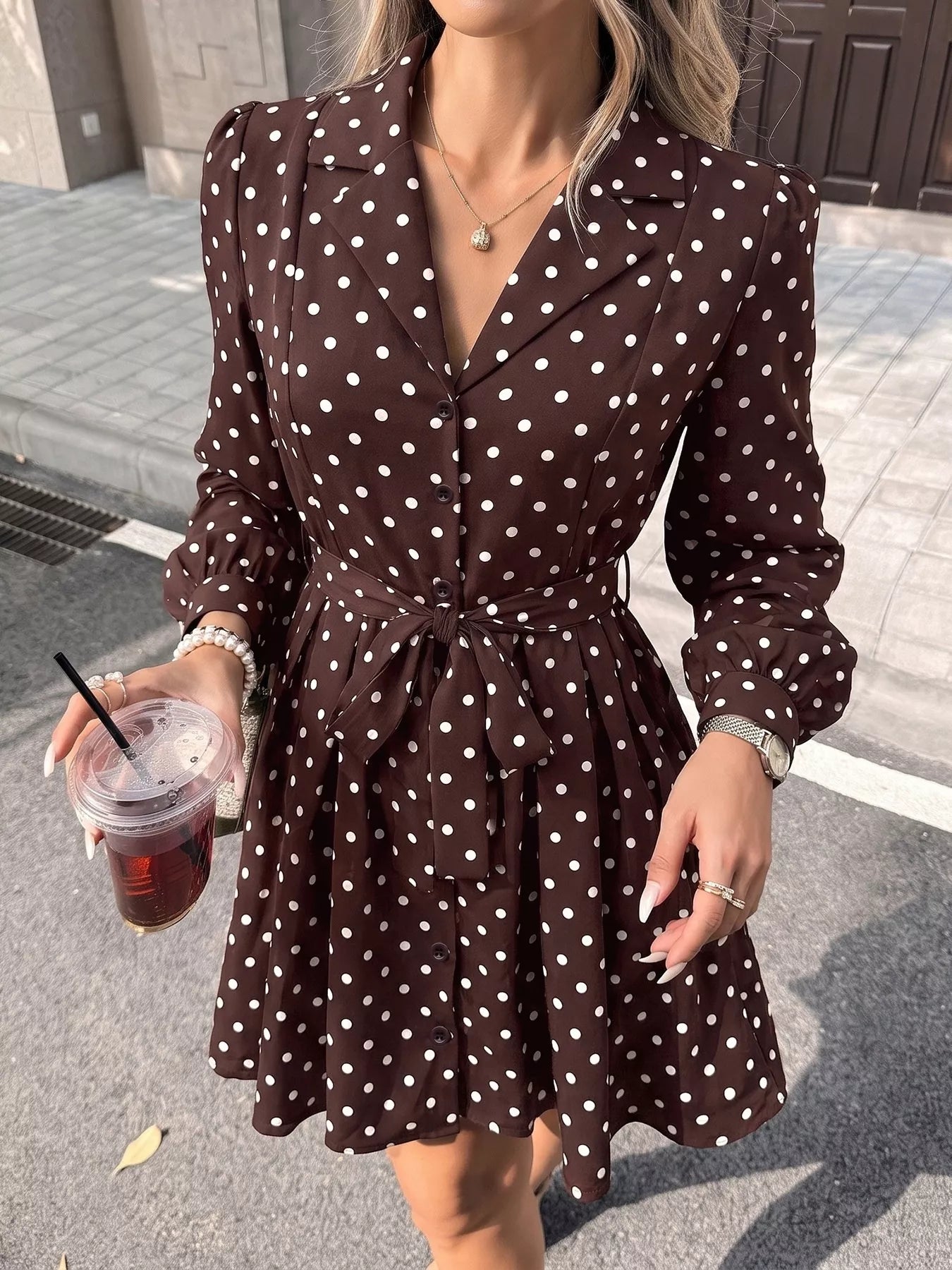 Polka Dot Long Sleeve Shirt Dress