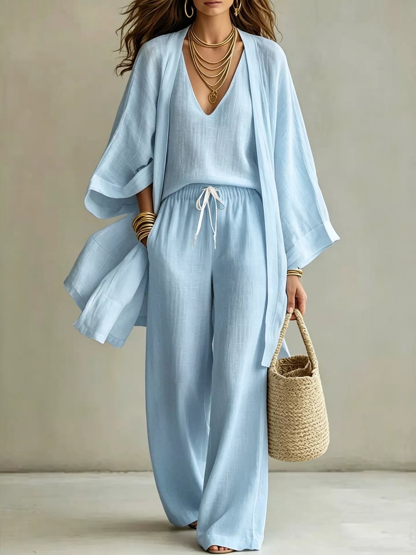 Full Size V-Neck Tank & Cardigan and Pants Set Plus Size