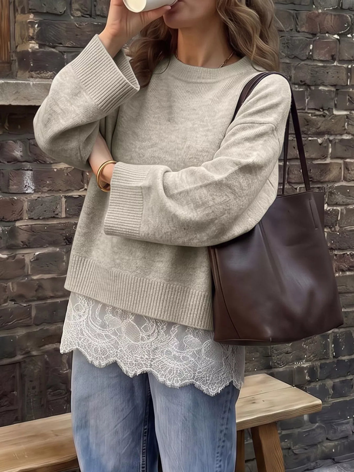 Layered Lace Hem Crew Neck Sweater