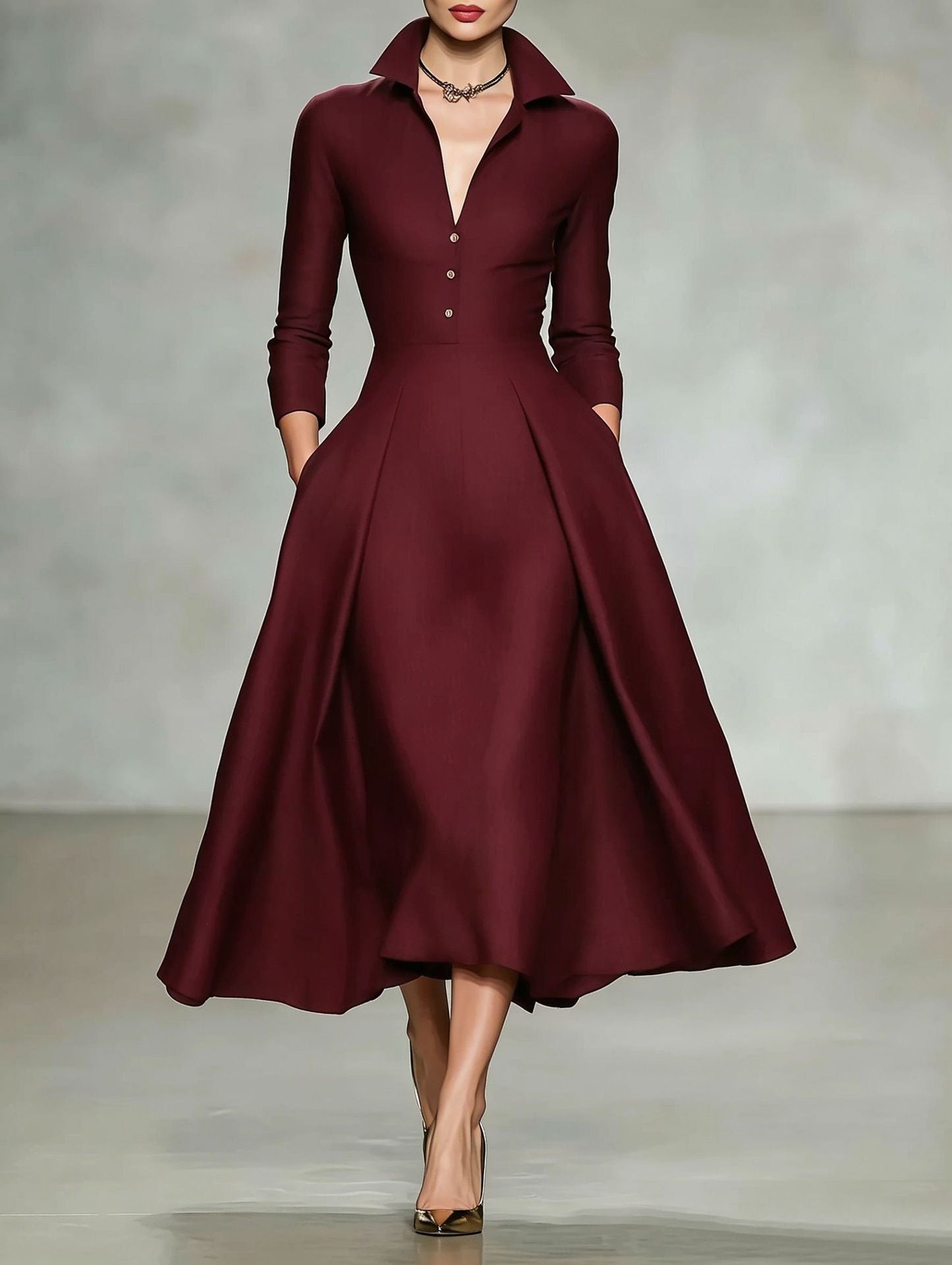 Deep V-Neck Shirt Collar Pleated A-Line Midi Dress with Pockets