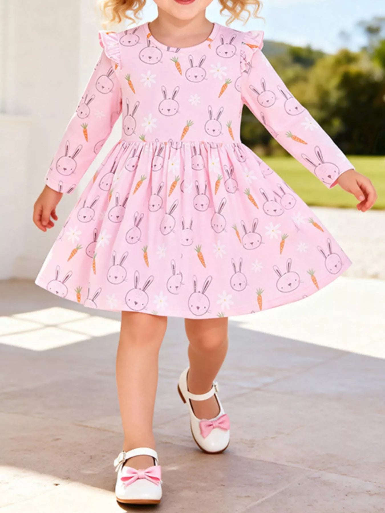 Children's Bunny and Carrot Print Ruffle Sleeve A-Line Dress