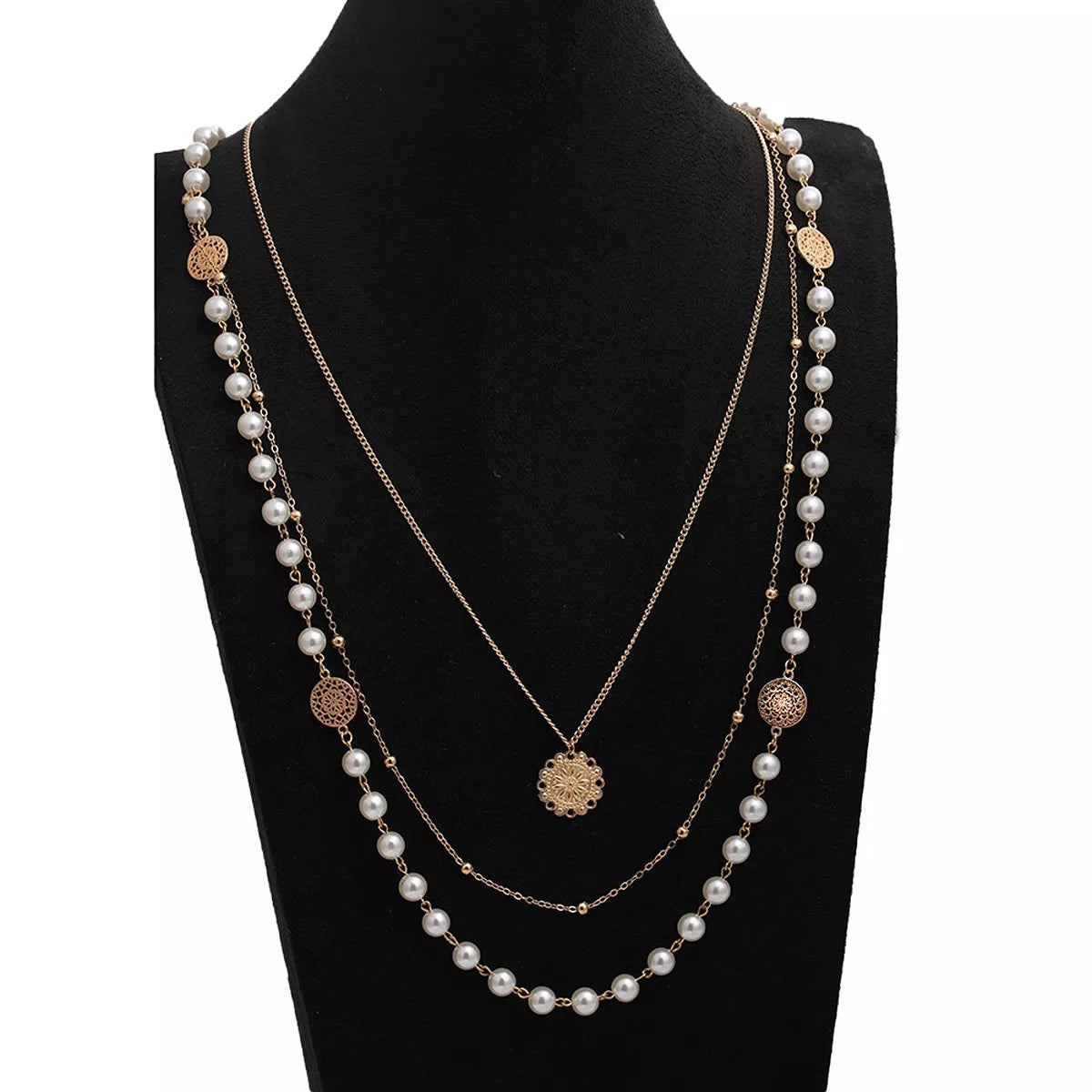 Multi-Layered Pearl and Coin Pendant Necklace