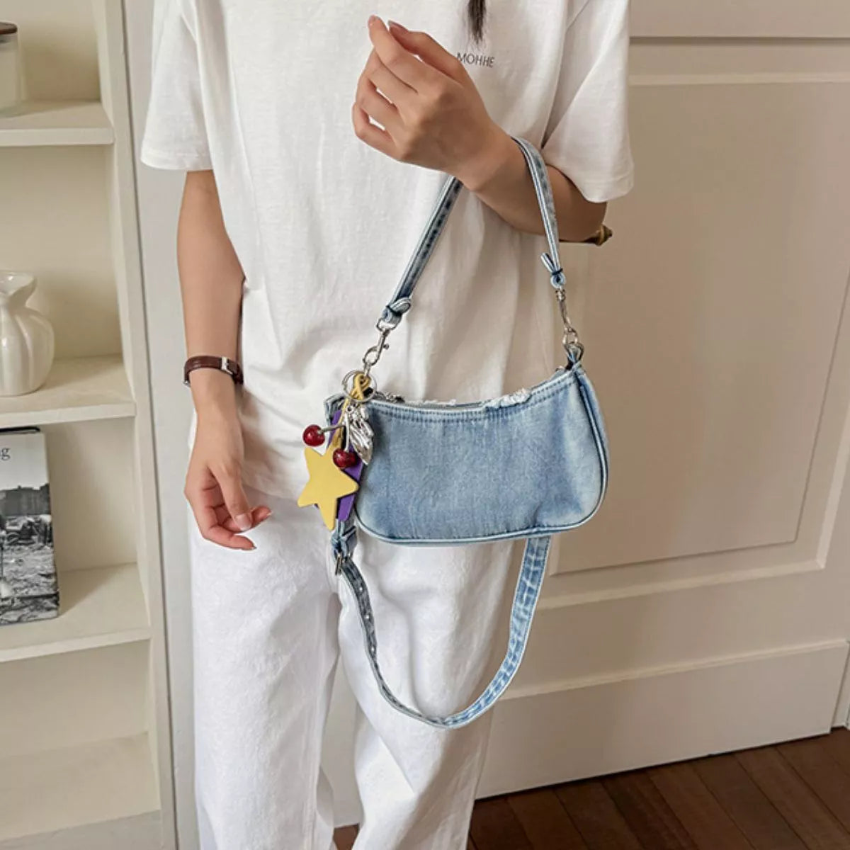 Star Charm Denim Shoulder Bag