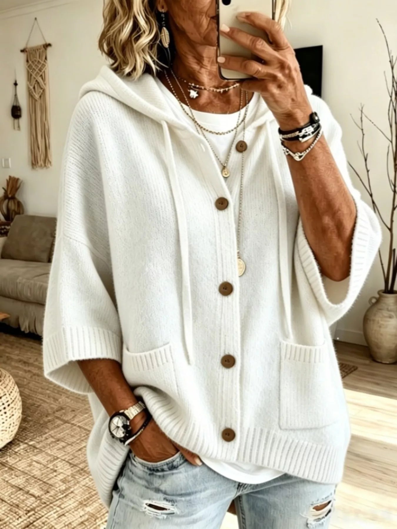 Hooded Button-Down Knit Cardigan