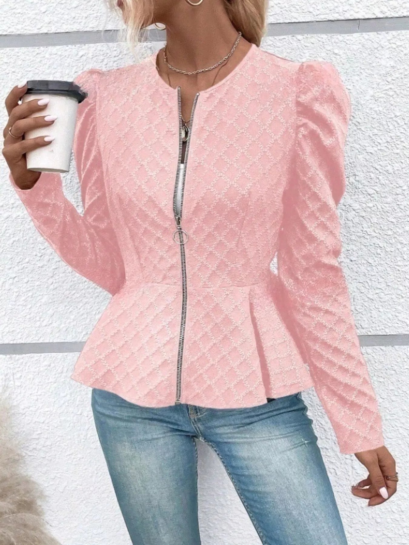 Puff Sleeve Textured Jacquard Jacket