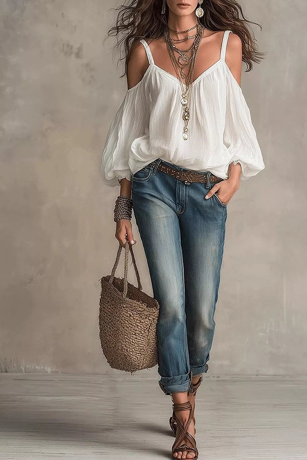 Cold Shoulder Balloon Sleeve Blouse