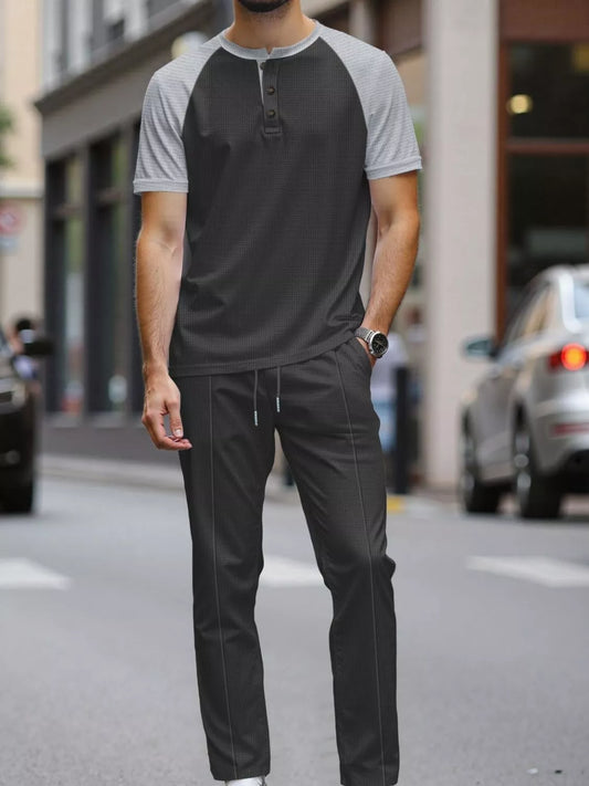 Men's Full Size Casual Two-Tone Raglan Sleeve Tee and Pants Set Plus Size