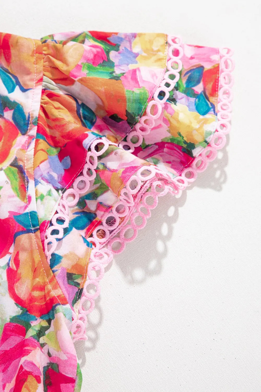 Lace Trim Ruffle Cap Sleeve Floral Blouse