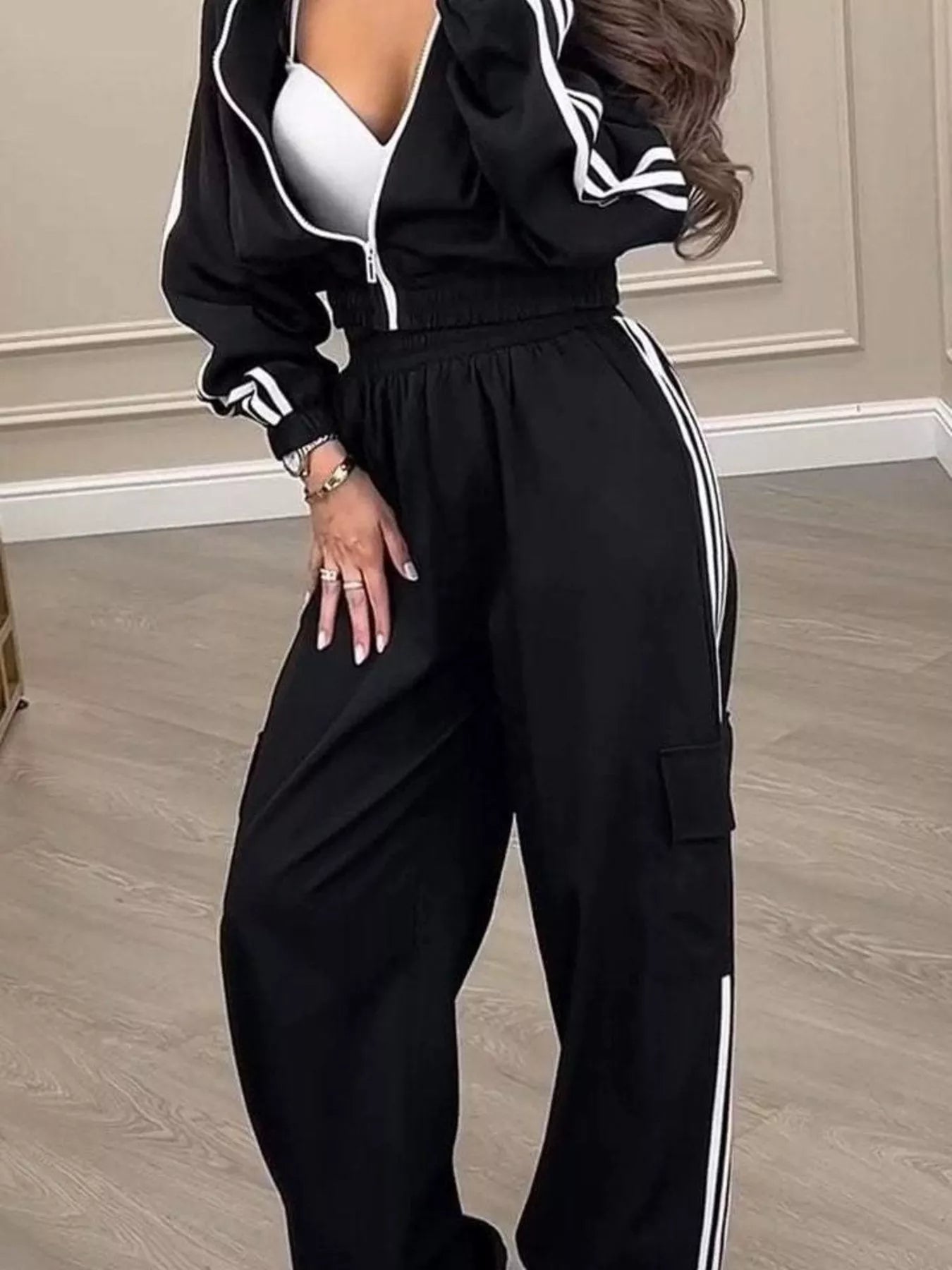 Full Size Side Striped Zip Up Outerwear and Pants Set Plus Size